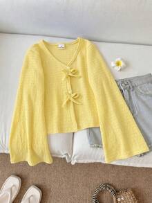 Elladie kids Girls' Solid Color Loose Bowknot Flared Sleeve Button-Up Shirt, Blouse For Vacation, Back To School, Outings, Long Sleeve Yellow Top, Autumn Fairy - Yellow - View 6