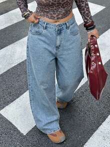 Dazy Plus Plus Size Washed Distressed Ripped Loose Wide Leg Long Denim Jeans - Light Wash - View 2