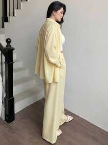 Dazy Plus 西式海灘度假風 素色仿丹寧亞麻材質 寬鬆極簡 春秋大尺碼女款兩件套 - 黃色 - 查看 7
