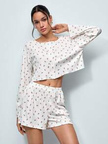 Softvol 2pcs Women's Round Neck Drop Shoulder Print Cardigan + Elastic Waist Button Front Shorts Set - White - View 5