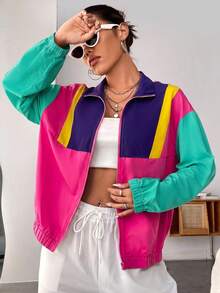 SHEIN EZwear 春季配色拼接落肩拉鍊夾克 秋冬多色女款輕便外套 - 彩色 - 查看 5