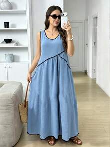 Linhara Plus Size Women's Casual Round Neck Sleeveless Solid Color Dusty Blue Long Dress, Summer Vacation Outfit, Beach Elegant Fabric, Fashion Home - Blue - View 3