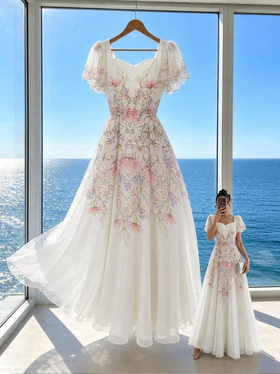 Modelyn Robe femme col V manches à volants taille cintrée évasée imprimé placé - Multicolore - Voir 1