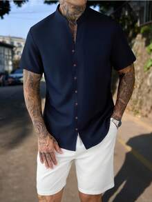 Manfinity Homme Men's Solid Color Short Sleeve Stand Collar Button Placket Shirt And Shorts Set, Men's 4th Of July ,Men's Vacation Outfit,Gift - Multicolor - View 4