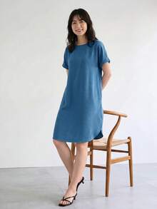 SHEIN LUNE Women Solid Color Round Neck Short Sleeve Casual Dress - Dusty Blue - View 4