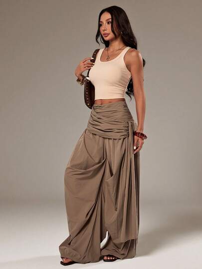 SHEIN PETITE Women's Casual Pleated Loose Solid Color Pants For Daily Wear Women Wide Leg Pants Palazzo Pants Women Fold Over Pants Wide Leg Summer Pants Earthy Clothes Women,Casual For Women, Khaki Pants, Khaki Bohemian Style Trousers, Satin Trousers, Casual Trousers, Jogger Trousers, Balloon Trousers,Beach Outfits For Women,Going Out Outfits,Casual Outfit For Women,Festival Outfits For Women,Vacation Outfits Women