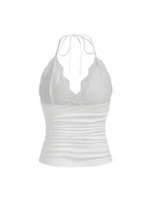 SHEIN x PRISCILA & JIMENA ROMWE PUNK Contrast Lace Halter Top - White - View 3