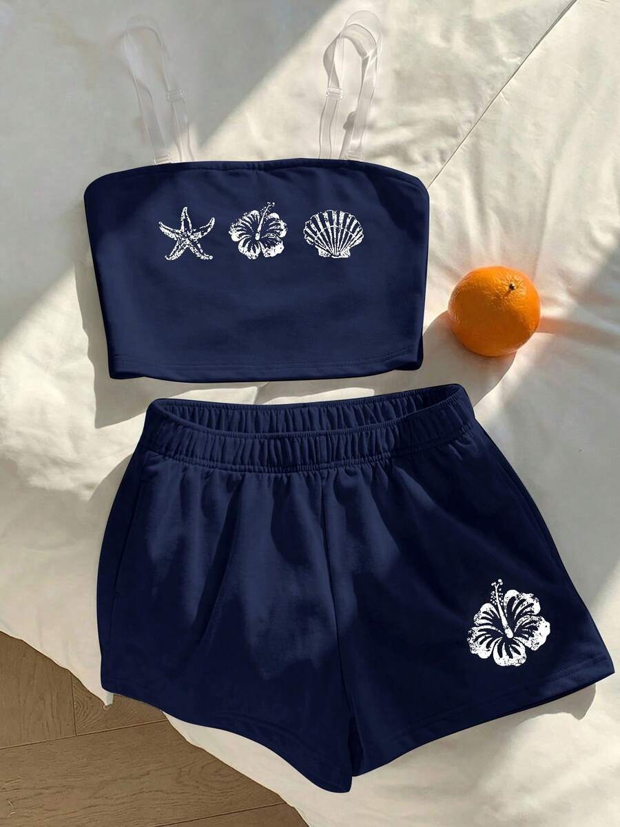 復古度假海洋生物海星貝殼、熱帶向日葵印花圖案,青少年女孩休閒極簡主義背心套裝,適合夏季、戶外野餐、外出、街頭風、居家、校園、悠閒放鬆 - 白色 - 查看 1
