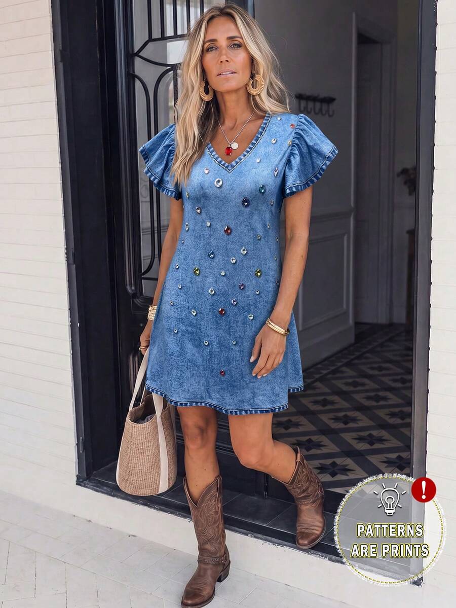LanaWest Vestido corto de mujer con cuello en V, de punto, estampado de denim con patrón de strass y mangas con volantes, corte A - Azul - Ver 1