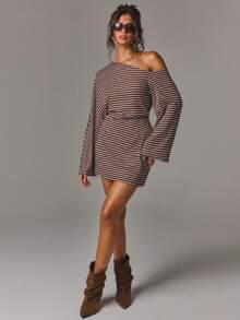 Athîral Women's Striped Print Asymmetrical Neck Flared Sleeve Cinched Waist Mini Dress,Autumn  Outfit,Going Out Dress,Office Outfits,Holiday Date Party - Brown - View 3