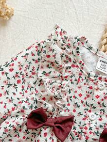 SHEIN Vintaside Kids 新生女嬰杏色圓領荷葉邊卡通櫻桃印花長袖紅色蝴蝶結洋裝，優雅可愛，四季皆宜，新款 - 彩色 - 查看 10