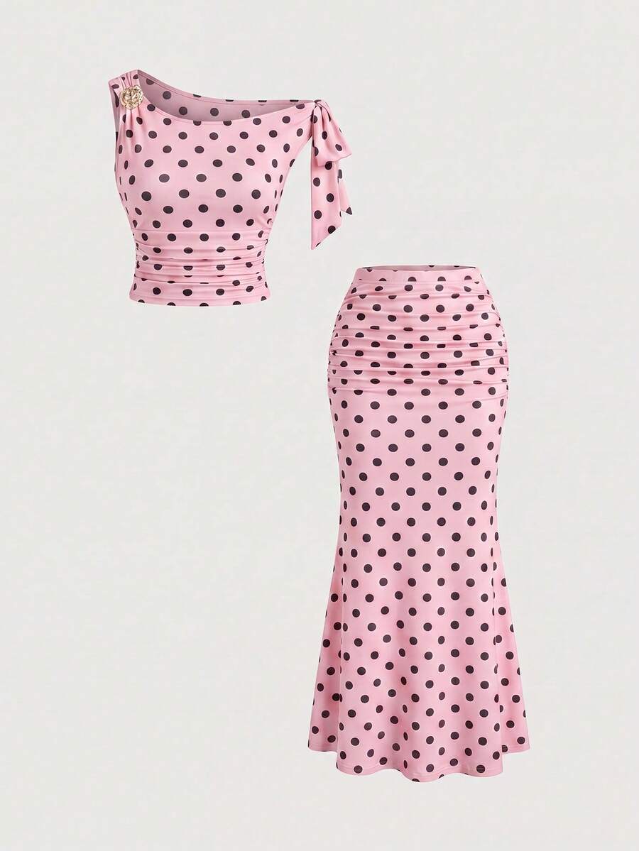 Sweetra Women's Autumn/Winter Coffee Color Asymmetrical Shoulder Sleeveless Metal Flower Top & Mermaid Skirt 2pcs Set - Pink - View 1