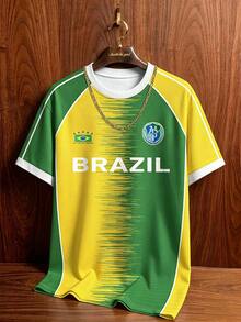 Aesthetic Post 復西隊風格黃綠漸層拼色足球短袖上衣，美式 BRASIL #10 印花圓領 T 恤，男女款圖案 T-shirt，男士時尚休閒運動球衣，足球運動裝備 - 白色 - 查看 1