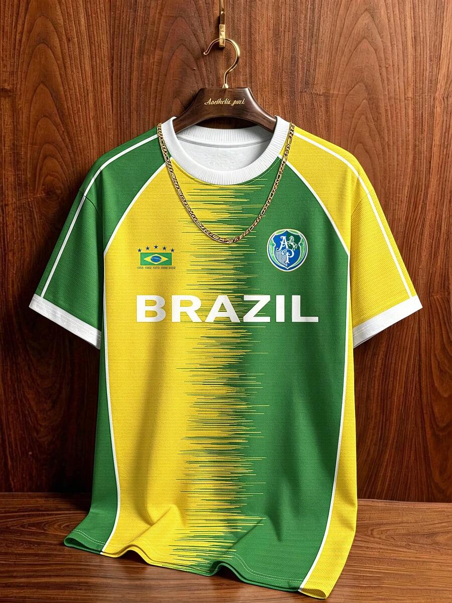 Aesthetic Post 復西隊風格黃綠漸層拼色足球短袖上衣，美式 BRASIL #10 印花圓領 T 恤，男女款圖案 T-shirt，男士時尚休閒運動球衣，足球運動裝備 - 白色 - 查看 1
