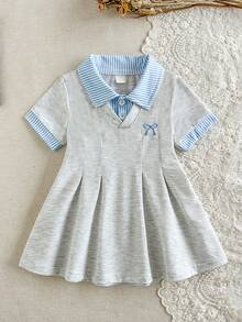 Souflis Souflis 1pc Toddler Kid Girl Preppy Striped Patchwork Polo Collar Bow Short Sleeve Pleated Soft A-Line Dress For School Daily Party Summer Casual Outfit - Baby Blue - View 4