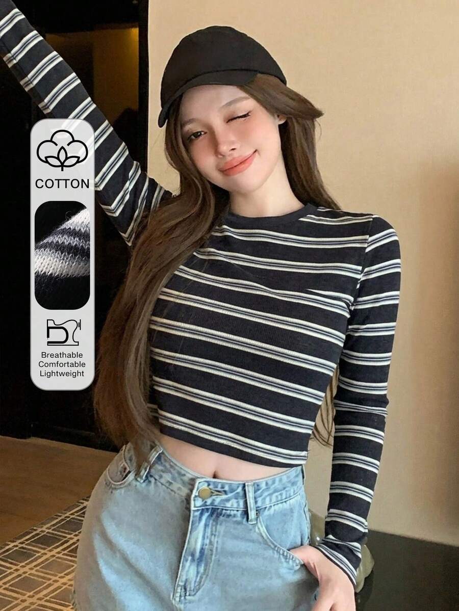 DAZY 春秋配色拼接條紋格紋商務休閒街頭風長袖女款T恤上衣圖案T恤 - 黑色 - 查看 1