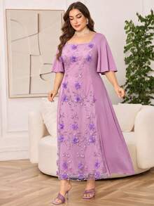 SHEIN Clasi 大尺碼夏季優雅3D花卉刺繡網紗拼接洋裝 - 紫色 - 查看 7