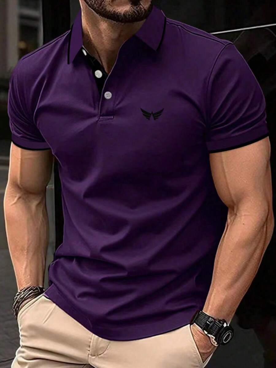 Manfinity Homme 男士半門襟鈕扣 Polo 衫,圖案印花,正式款 - 紫色 - 查看 1