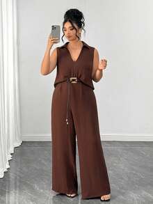 SHEIN Clasi Plus Size Summer Casual Elegant Solid Color Tank Top Pants 2 Pieces Set Brunch Formal Brown - Brown - View 7