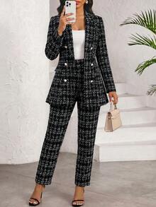 SHEIN Lady 女款優雅通勤西裝外套與長褲套裝 - 黑色 - 查看 1