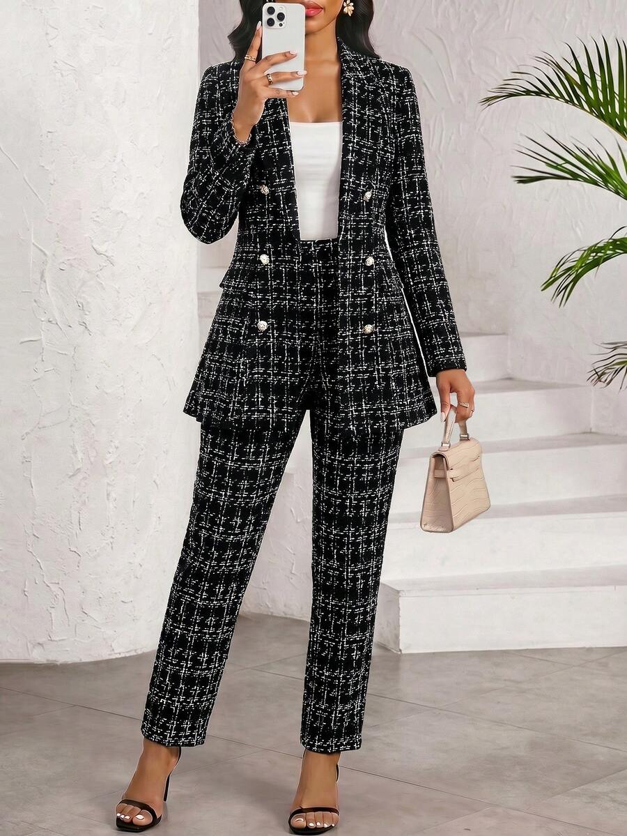 SHEIN Lady 女款優雅通勤西裝外套與長褲套裝 - 黑色 - 查看 1