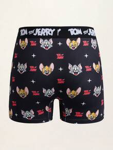 TOM & JERRY X SHEIN 男士字母與卡通印花休閒日常四角內褲 - 黑色 - 查看 2