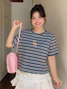 Dazy Plus Plus Size Cherry Embroidery Striped Crew Neck Short Sleeve Fitted Summer T-Shirt Graphic Tee - Blue - View 6