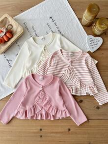SHEIN 3pcs/Set Baby Girl Casual Ruffle Long Sleeve Cardigan, Suitable For Spring And Autumn Outings - Multicolor - View 1