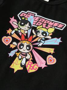 THE POWERPUFF GIRLS X SHEIN 女童少女卡通可愛印花休閒短袖圓領T恤，適合居家、室內、戶外穿著，舒適隨性 - 黑色 - 查看 5