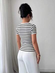 SHEIN PETITE Women's Striped Square Neck Single-Breasted Short Sleeve Casual T-Shirt - Multicolor - View 2