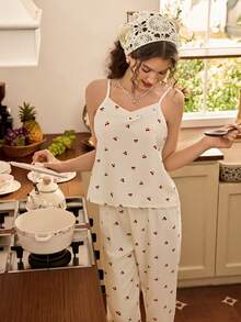 Kirschenmuster Camisole Top & Hose Pyjama Set - Beige - Übersicht 4