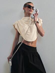 Hauture Women's Draped Shoulder Impact High Neck Crop Top Office Wear - Apricot - View 1