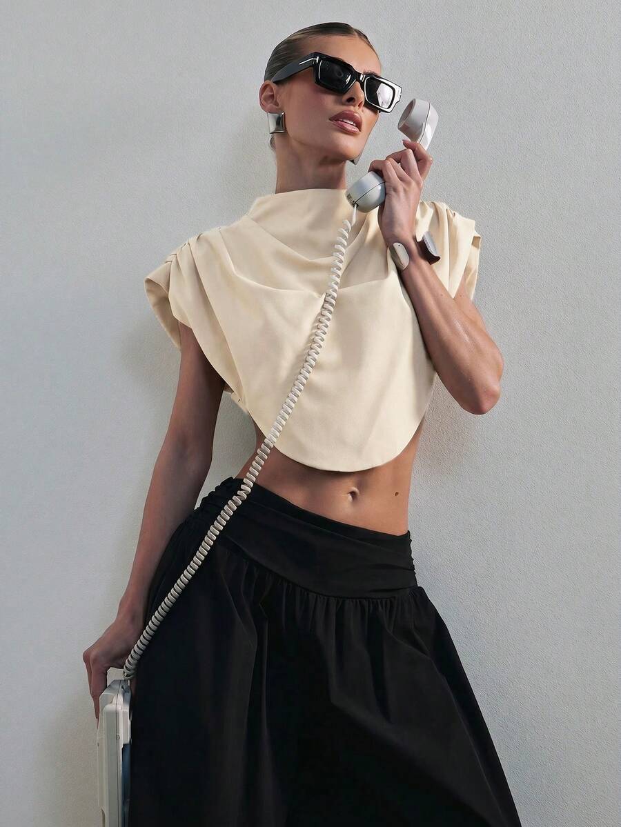 Hauture Women's Draped Shoulder Impact High Neck Crop Top Office Wear - Apricot - View 1