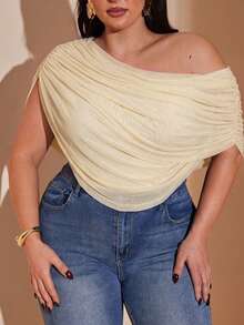 SHEIN BAE Body de mujer talla grande con hombro asimétrico y cuello con volantes para primavera y verano - Albaricoque - Ver 5