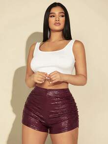 SHEIN SXY Women's Faux Crocodile Texture Pleated Fashion Shorts - Burgundy - View 8