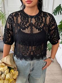 SHEIN EZwear 大尺碼女款蕾絲性感百搭上衣，適合約會與外出 - 黑色 - 查看 6
