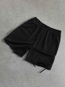 ROMWE MEN Street Life Men's Drawstring Waist Cross Pattern Casual Daily Shorts - Black - View 2
