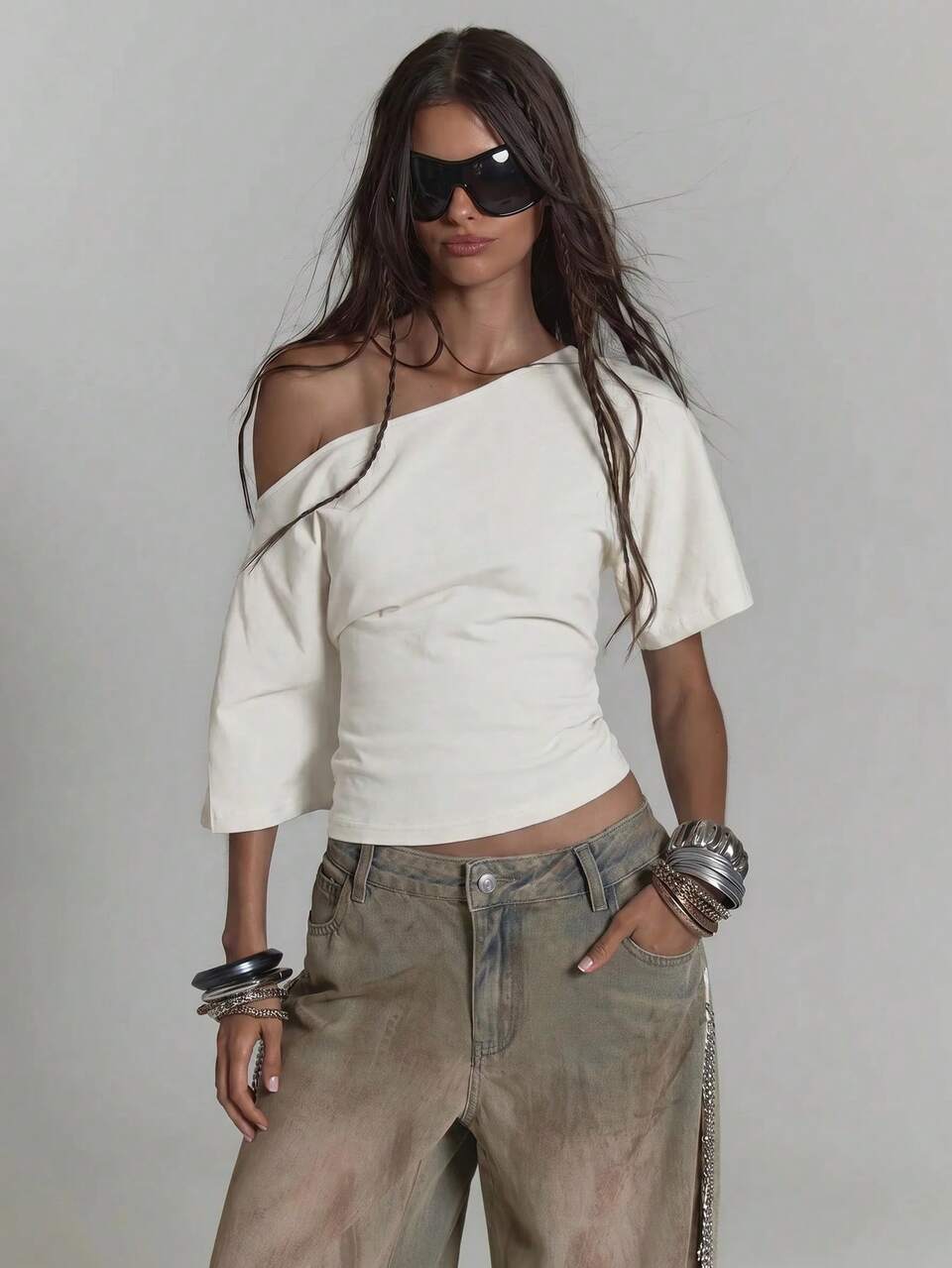 Slouchy Off The Shoulder Open Back Chain Detail Longline Cropped T-Shirt Sexy Summer Spring Rave Festival Holiday Party Going Out Serpent