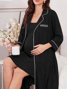 Moonlight&Mama 女款休閒字母刺繡翻領長款睡袍 + 吊帶洋裝 孕婦居家服 2件組 - 黑色 - 查看 3