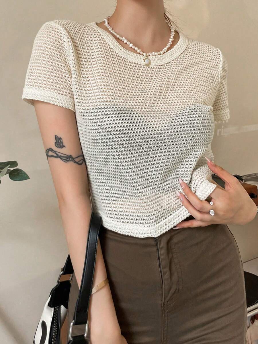 DAZY Solid Sheer Crop Top Going Out Tops - Beige - View 1