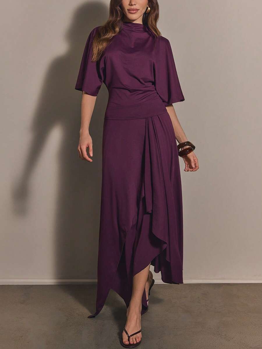 COSMINA 女款休閒優雅 Ankara 紅色裙子 2 件套,日常外出穿搭,通勤穿搭 - 中紫紅色 - 查看 1
