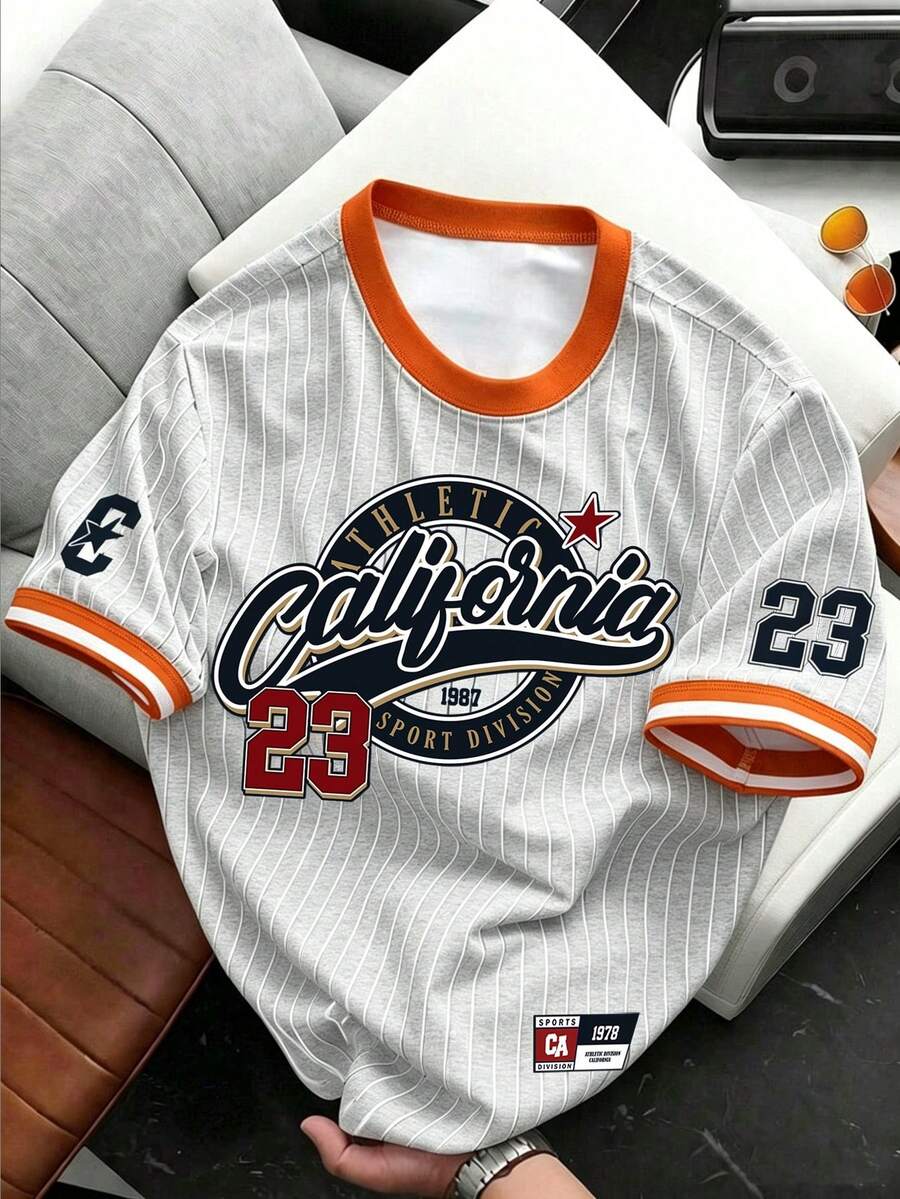 HypeHours 經典校園運動風復古 California 23 短袖T恤，黑白直條紋 California 23 棒球球衣時尚運動休閒短袖T恤 - 彩色 - 查看 1