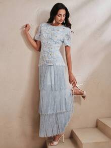 Anewsta Sommer Party Urlaub Mesh Applikation 3D Blumen Patchwork Mehrschichtig Quaste Blau Elegantes Kleid für Frauen, geeignet für Urlaub, Partys, Bankette - Blau - Übersicht 1