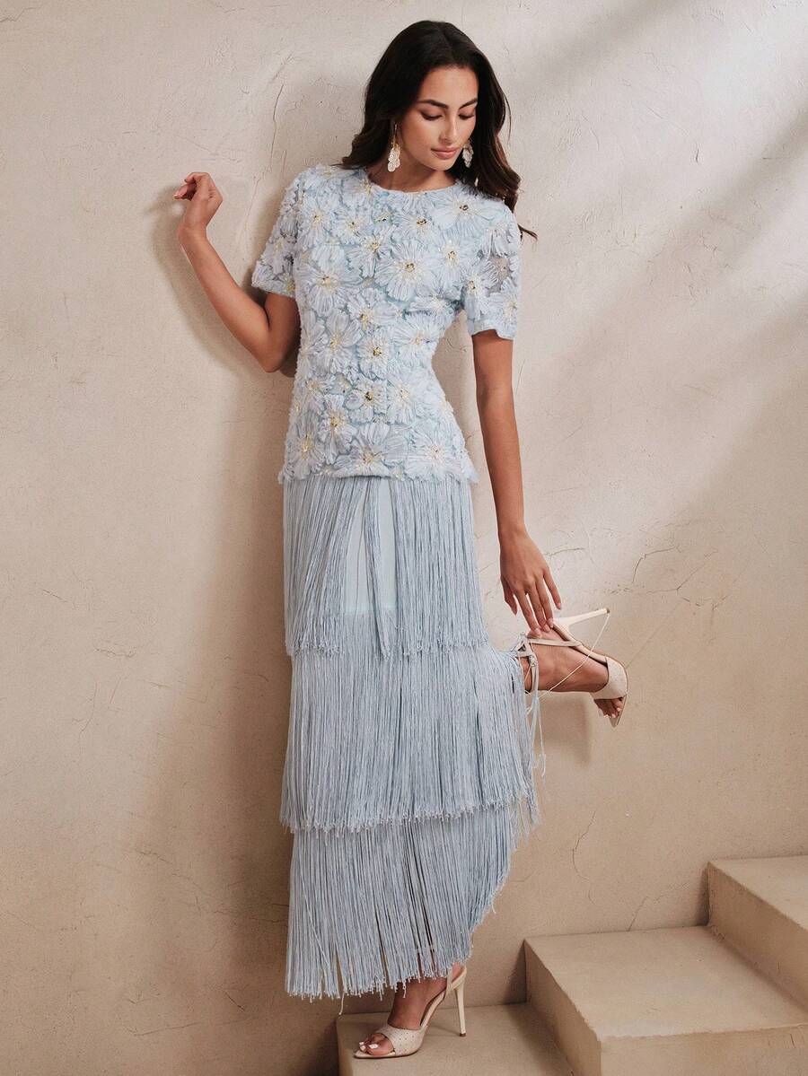 Anewsta Sommer Party Urlaub Mesh Applikation 3D Blumen Patchwork Mehrschichtig Quaste Blau Elegantes Kleid für Frauen, geeignet für Urlaub, Partys, Bankette - Blau - Übersicht 1