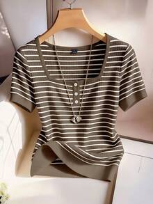 SHEIN Franclia Women's Brown Striped Square Neck Short Sleeve T-Shirt, Beach Vacation Cute Coastal Chic Elegant, Suitable For Spring/Summer, Winter, National Day - Brown - View 5