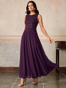 Anewsta Women's New Elegant Sequin Beaded Pleated Chiffon Waist-Cinching Dress, Suitable For Spring/Summer Daily Wear, Party, Evening Dress, Outing, Purple - Purple - View 3