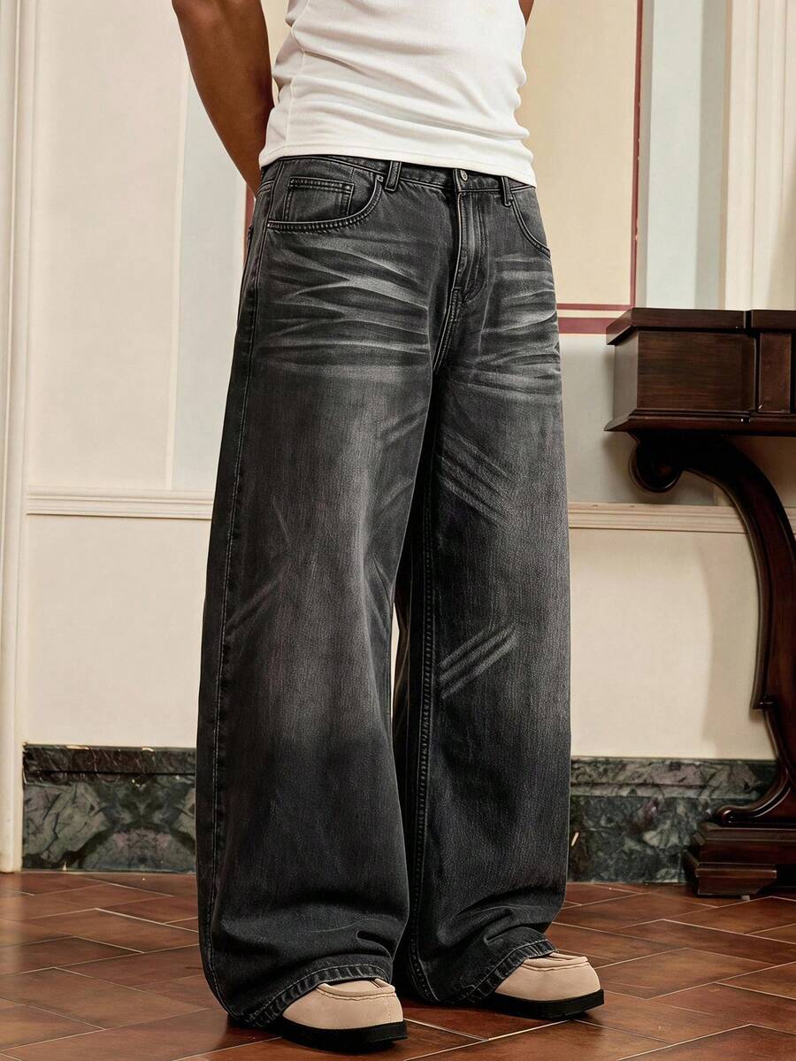 SWAVVY Men's Casual Washed Wide Leg Jeans - Black - View 1