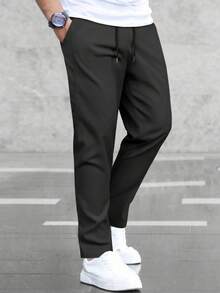 Manfinity Homme Men Solid Drawstring Waist Pants, For Fall - Black - View 4