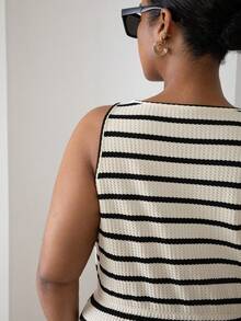 ELLERISSA Plus Size White & Black Stripe Round Neck Sleeveless Front Button Waffle Knit Midi Dress - Black and White - View 2