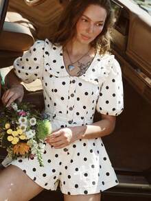 WESTFADE Ruffle Collar Short Sleeve Polka Dot Denim Jumpsuit, Summer, Vacation, Beach, Holiday, Female Country Look, Western, Cowgirl, Rodeo, Fall, Autumn - Apricot - View 4